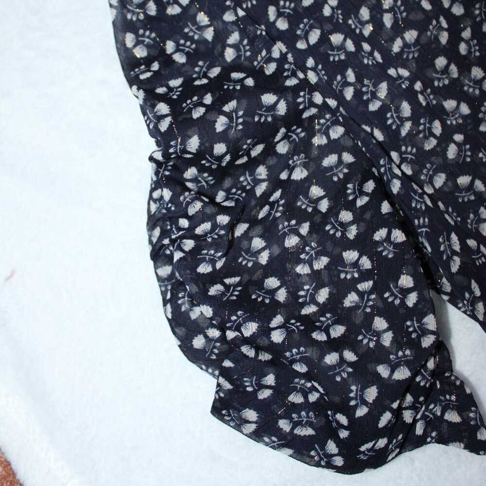 J. Crew Sheer Floral Blue & Gold Blouse Ruched Sleeves Short Sleeve Size Small - Picture 5 of 5